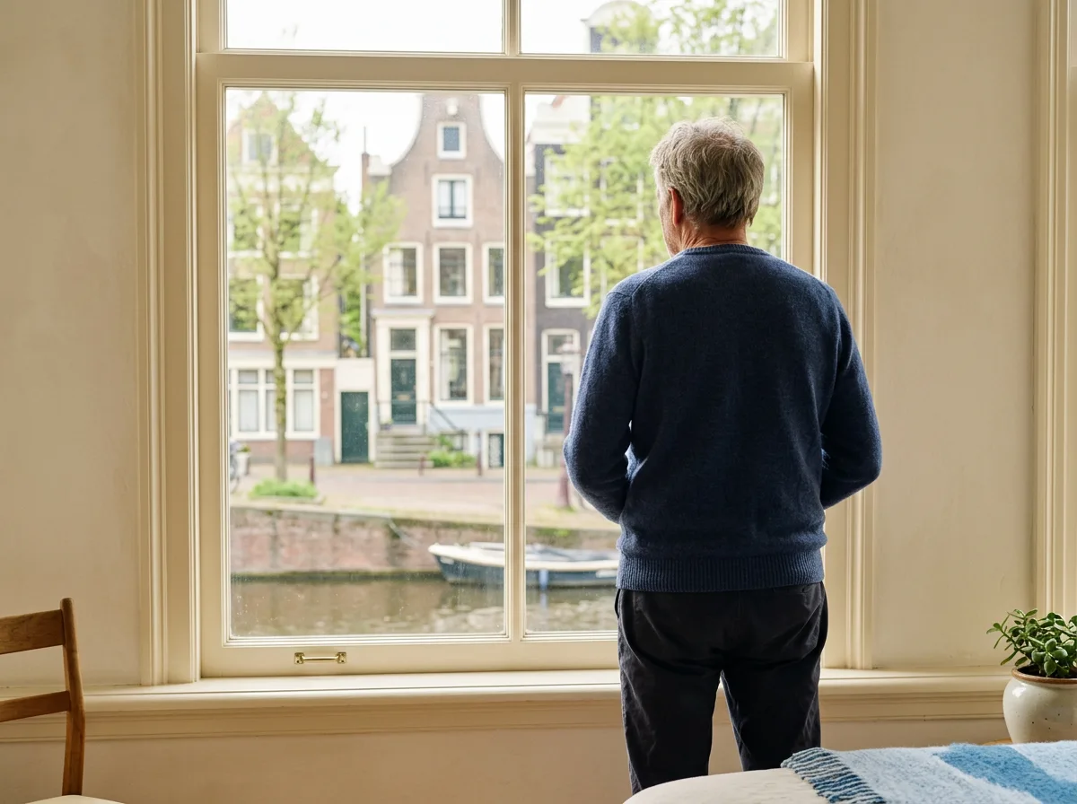 Rustige gebruiker geniet van de ochtend met uitzicht op een Nederlandse gracht